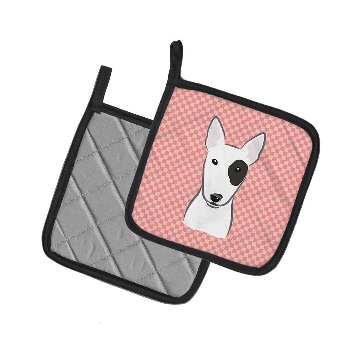 Pot Holder Set of 2 | Heat Resistant Quilted Hot Pads | 7.5 x 7.5 Inch | Checkerboard Pink Bull Terrier