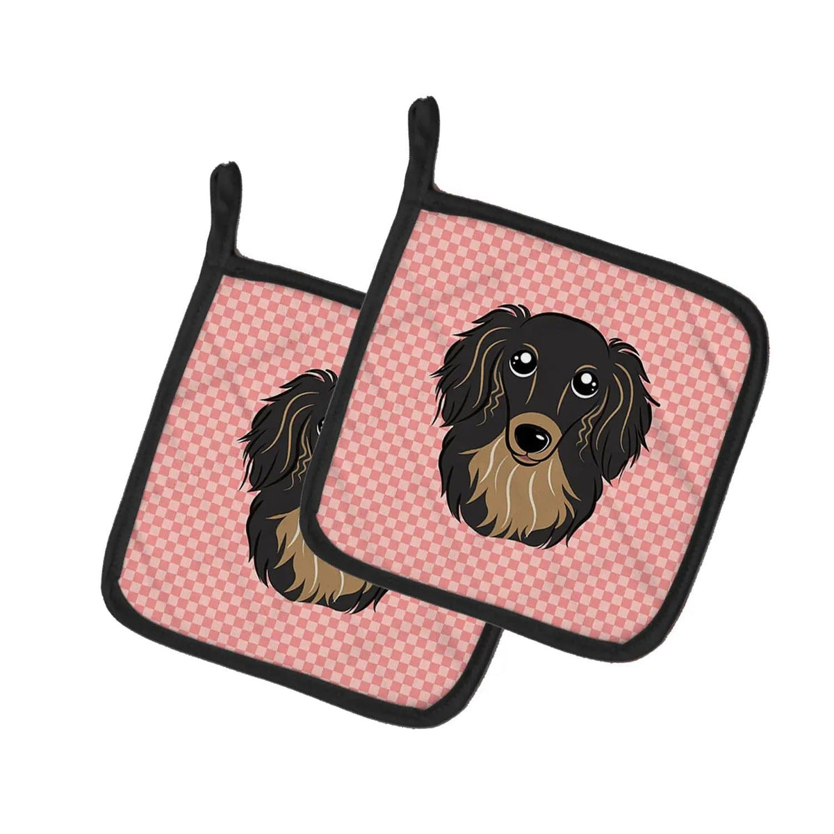 Pot Holder Set of 2 | Heat Resistant Quilted Hot Pads | 7.5 x 7.5 Inch | Checkerboard Pink Longhair Black and Tan Dachshund