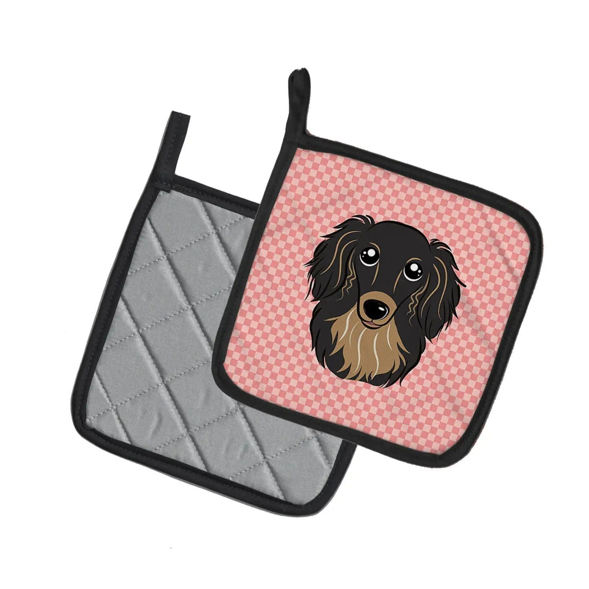 Pot Holder Set of 2 | Heat Resistant Quilted Hot Pads | 7.5 x 7.5 Inch | Checkerboard Pink Longhair Black and Tan Dachshund