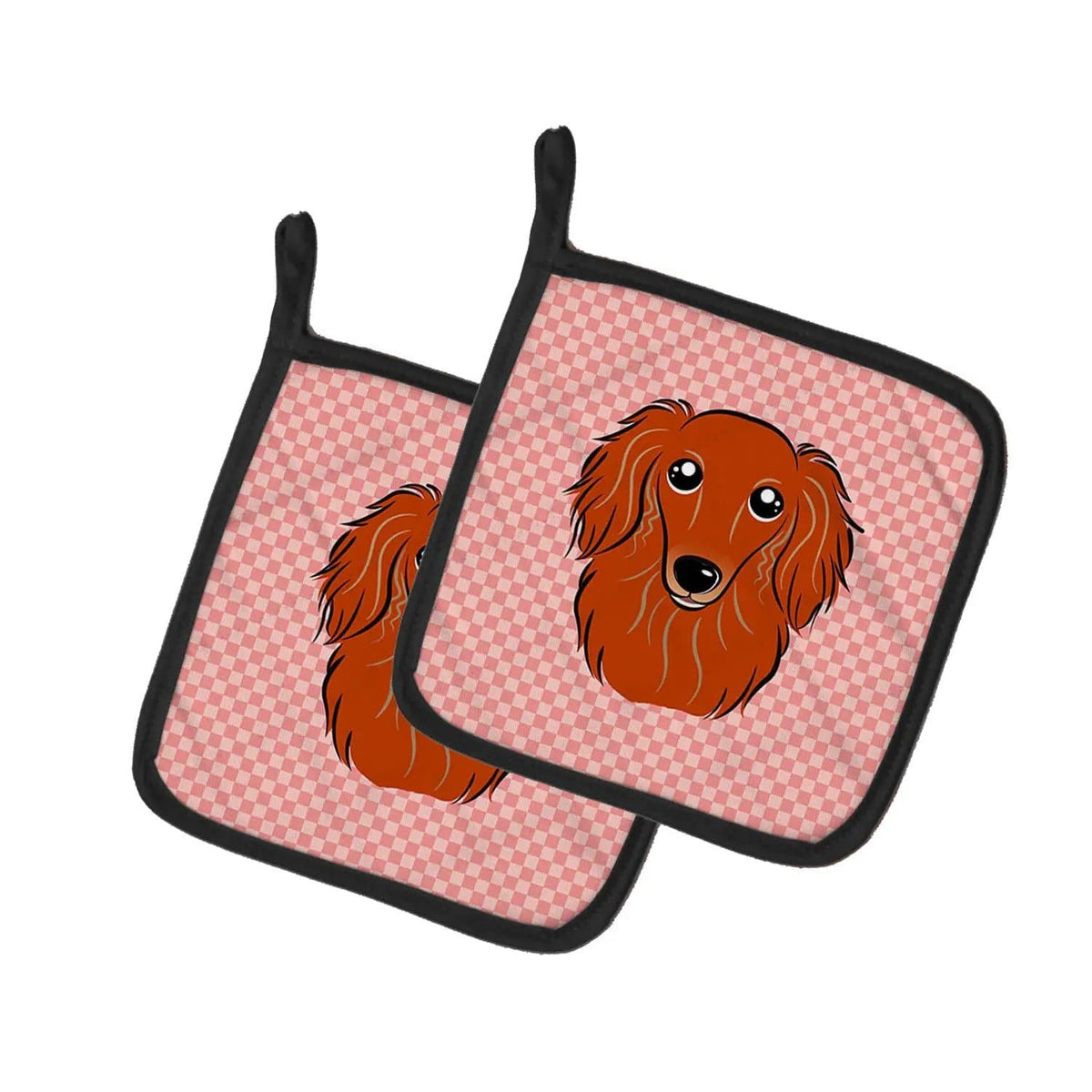 Pot Holder Set of 2 | Heat Resistant Quilted Hot Pads | 7.5 x 7.5 Inch | Checkerboard Pink Longhair Red Dachshund