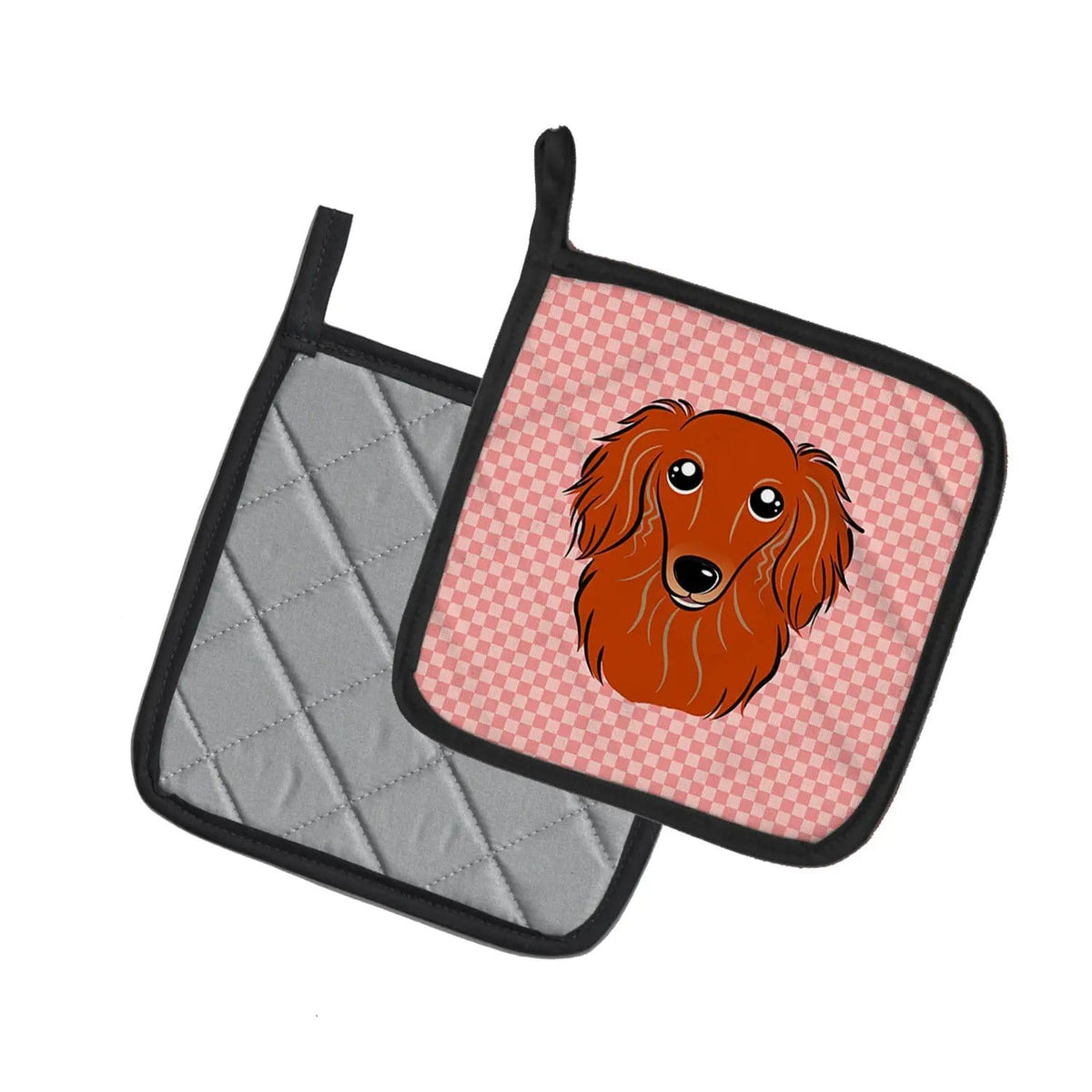 Pot Holder Set of 2 | Heat Resistant Quilted Hot Pads | 7.5 x 7.5 Inch | Checkerboard Pink Longhair Red Dachshund