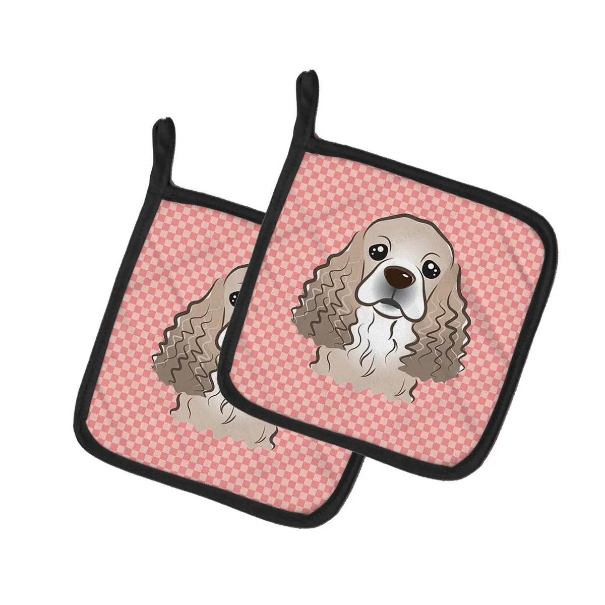 Pot Holder Set of 2 | Heat Resistant Quilted Hot Pads | 7.5 x 7.5 Inch | Checkerboard Pink Cocker Spaniel
