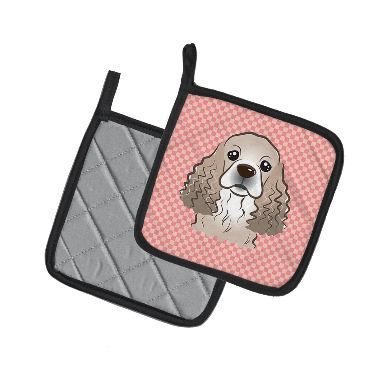 Pot Holder Set of 2 | Heat Resistant Quilted Hot Pads | 7.5 x 7.5 Inch | Checkerboard Pink Cocker Spaniel