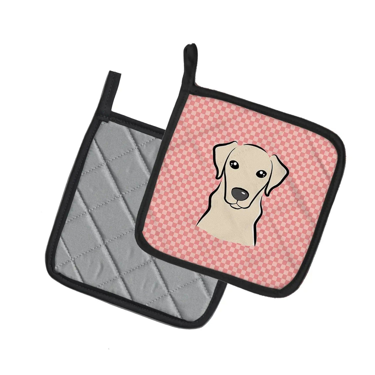 Pot Holder Set of 2 | Heat Resistant Quilted Hot Pads | 7.5 x 7.5 Inch | Checkerboard Pink Yellow Labrador