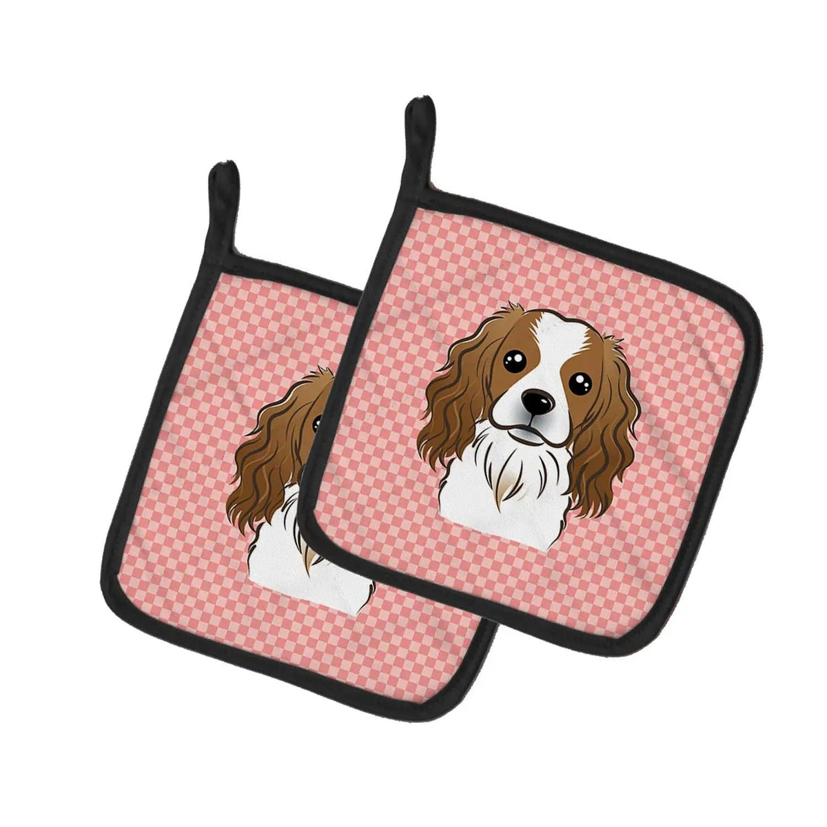 Pot Holder Set of 2 | Heat Resistant Quilted Hot Pads | 7.5 x 7.5 Inch | Checkerboard Pink Cavalier Spaniel