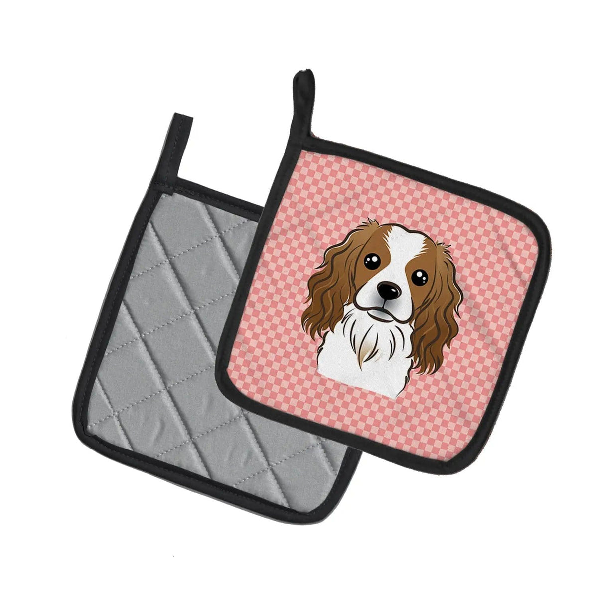 Pot Holder Set of 2 | Heat Resistant Quilted Hot Pads | 7.5 x 7.5 Inch | Checkerboard Pink Cavalier Spaniel