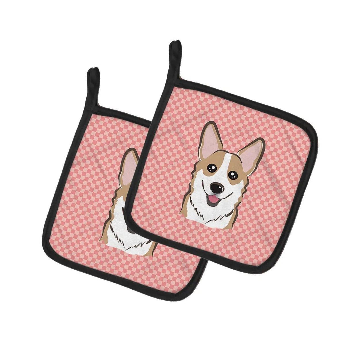 Pot Holder Set of 2 | Heat Resistant Quilted Hot Pads | 7.5 x 7.5 Inch | Checkerboard Pink Corgi (Style 3)