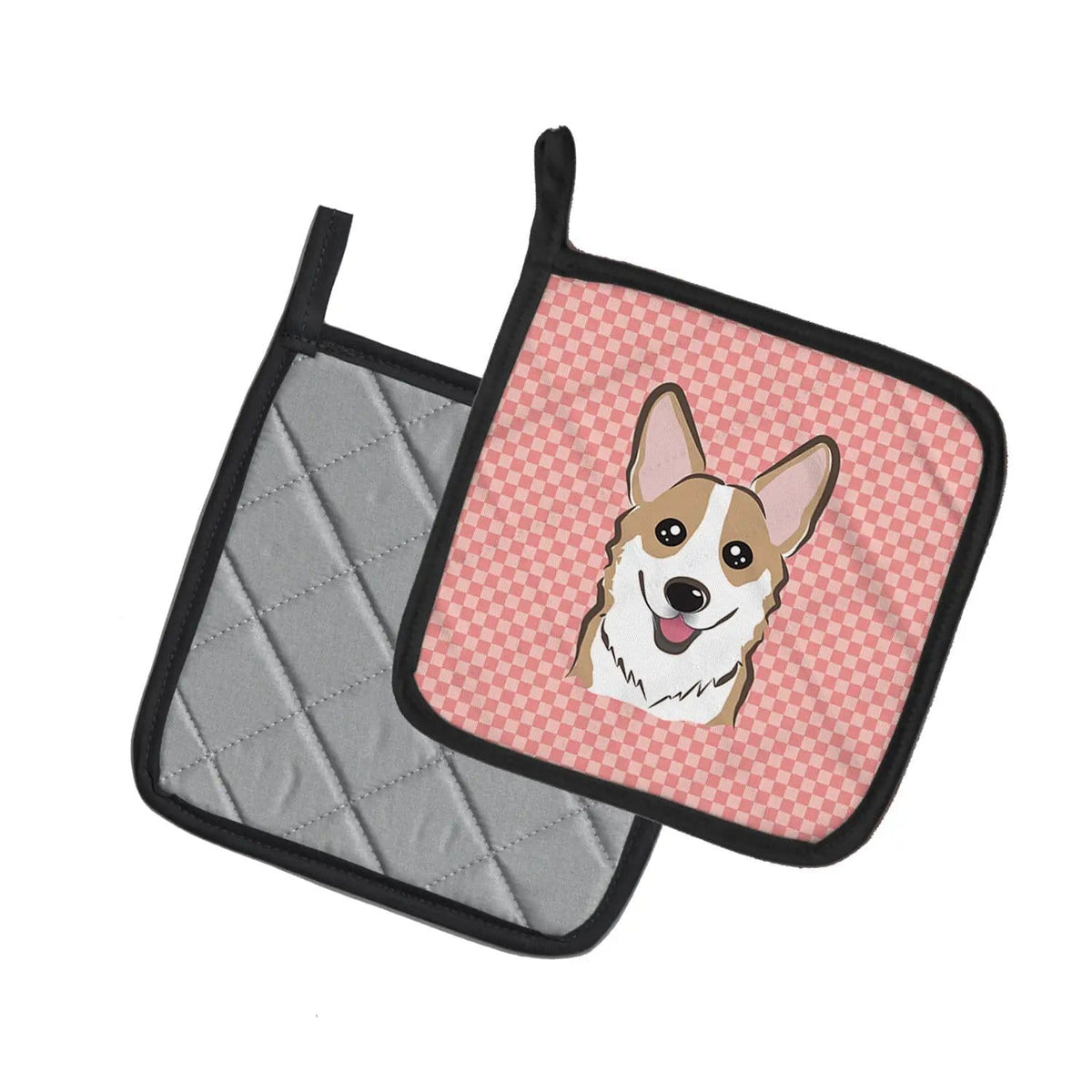 Pot Holder Set of 2 | Heat Resistant Quilted Hot Pads | 7.5 x 7.5 Inch | Checkerboard Pink Corgi (Style 3)