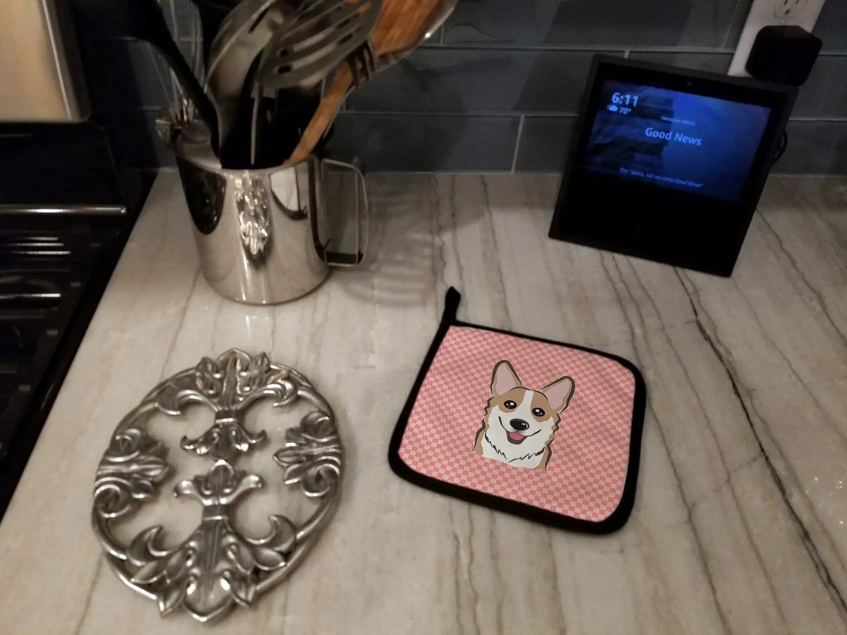 Pot Holder Set of 2 | Heat Resistant Quilted Hot Pads | 7.5 x 7.5 Inch | Checkerboard Pink Corgi (Style 3)