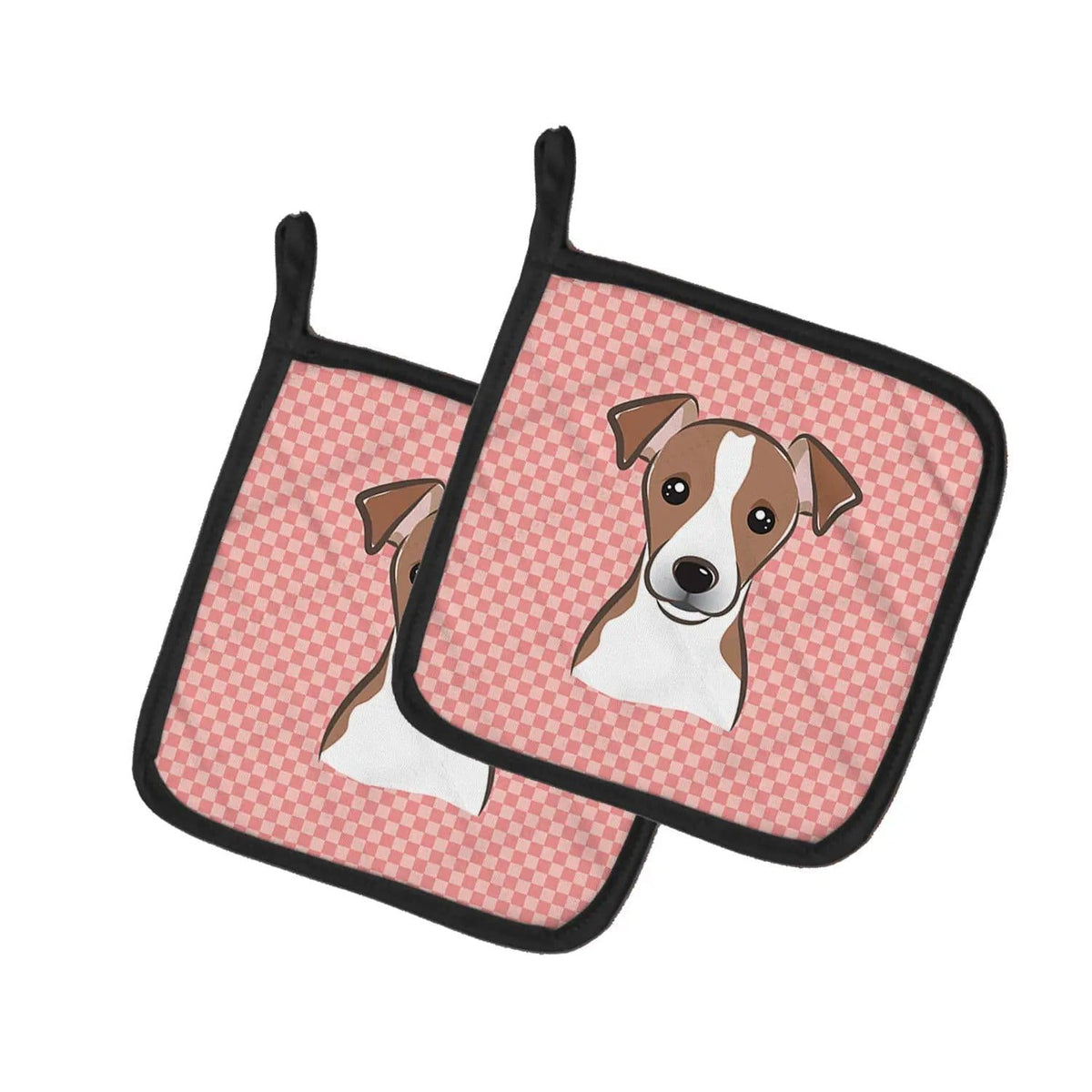 Pot Holder Set of 2 | Heat Resistant Quilted Hot Pads | 7.5 x 7.5 Inch | Checkerboard Pink Jack Russell Terrier (Style 3)