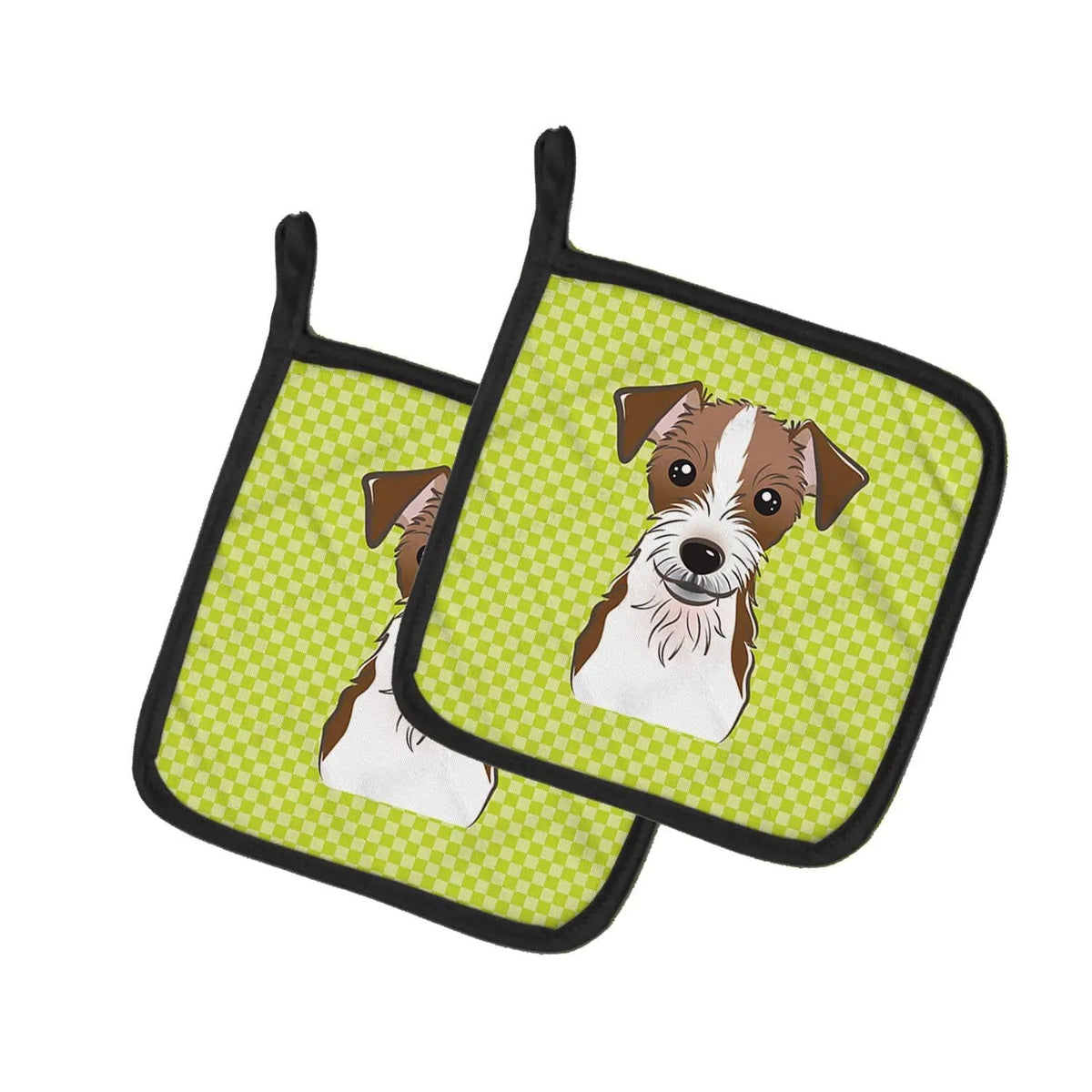 Pot Holder Set of 2 | Heat Resistant Quilted Hot Pads | 7.5 x 7.5 Inch | Checkerboard Lime Green Jack Russell Terrier