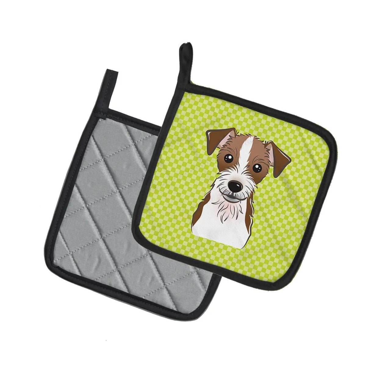 Pot Holder Set of 2 | Heat Resistant Quilted Hot Pads | 7.5 x 7.5 Inch | Checkerboard Lime Green Jack Russell Terrier