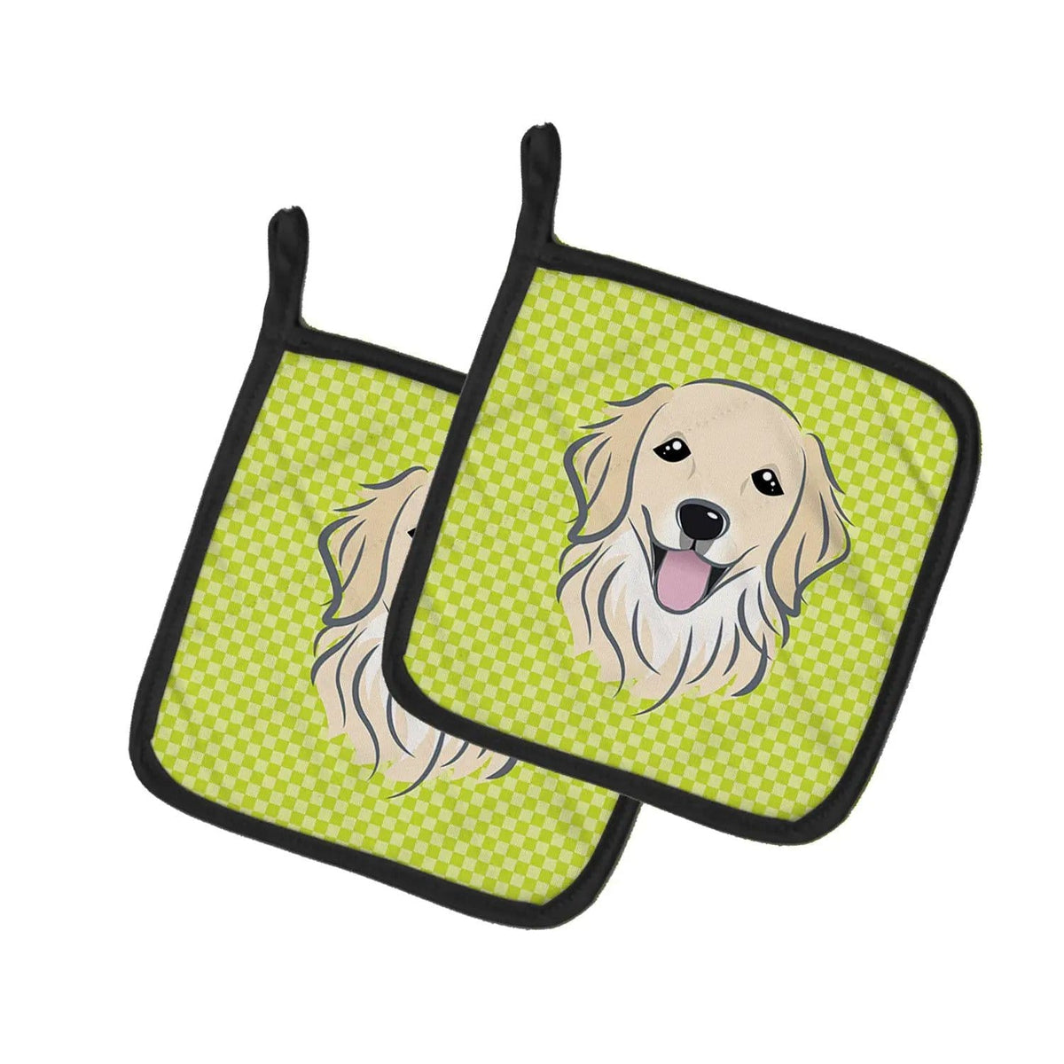 Pot Holder Set of 2 | Heat Resistant Quilted Hot Pads | 7.5 x 7.5 Inch | Checkerboard Lime Green Golden Retriever