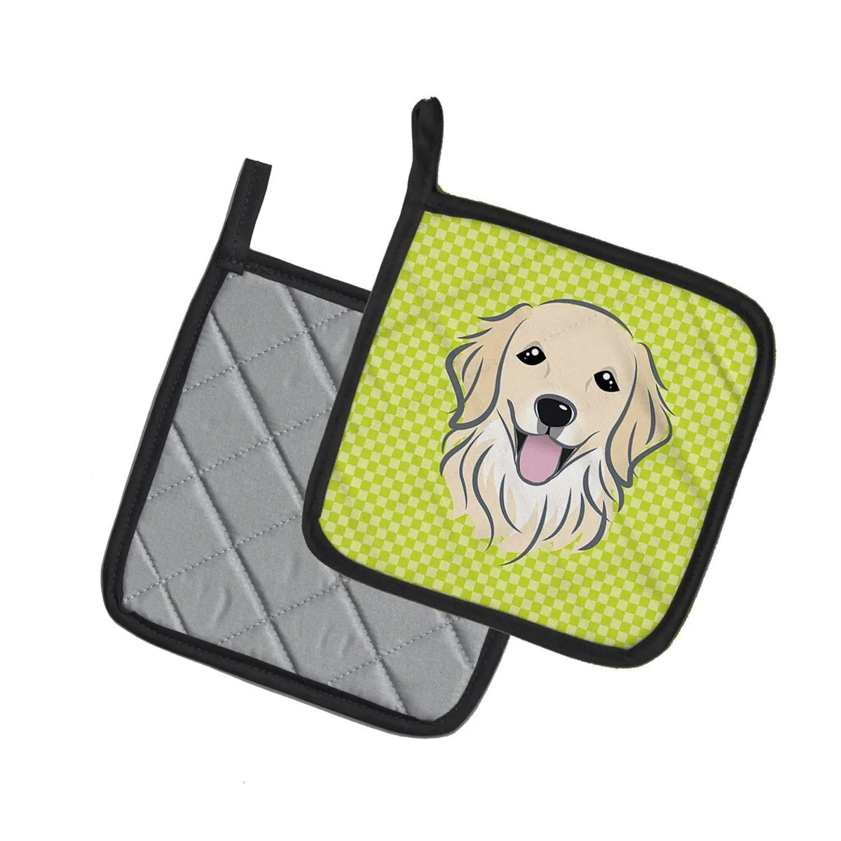 Pot Holder Set of 2 | Heat Resistant Quilted Hot Pads | 7.5 x 7.5 Inch | Checkerboard Lime Green Golden Retriever