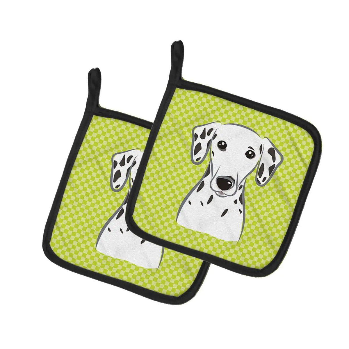 Pot Holder Set of 2 | Heat Resistant Quilted Hot Pads | 7.5 x 7.5 Inch | Checkerboard Lime Green Dalmatian