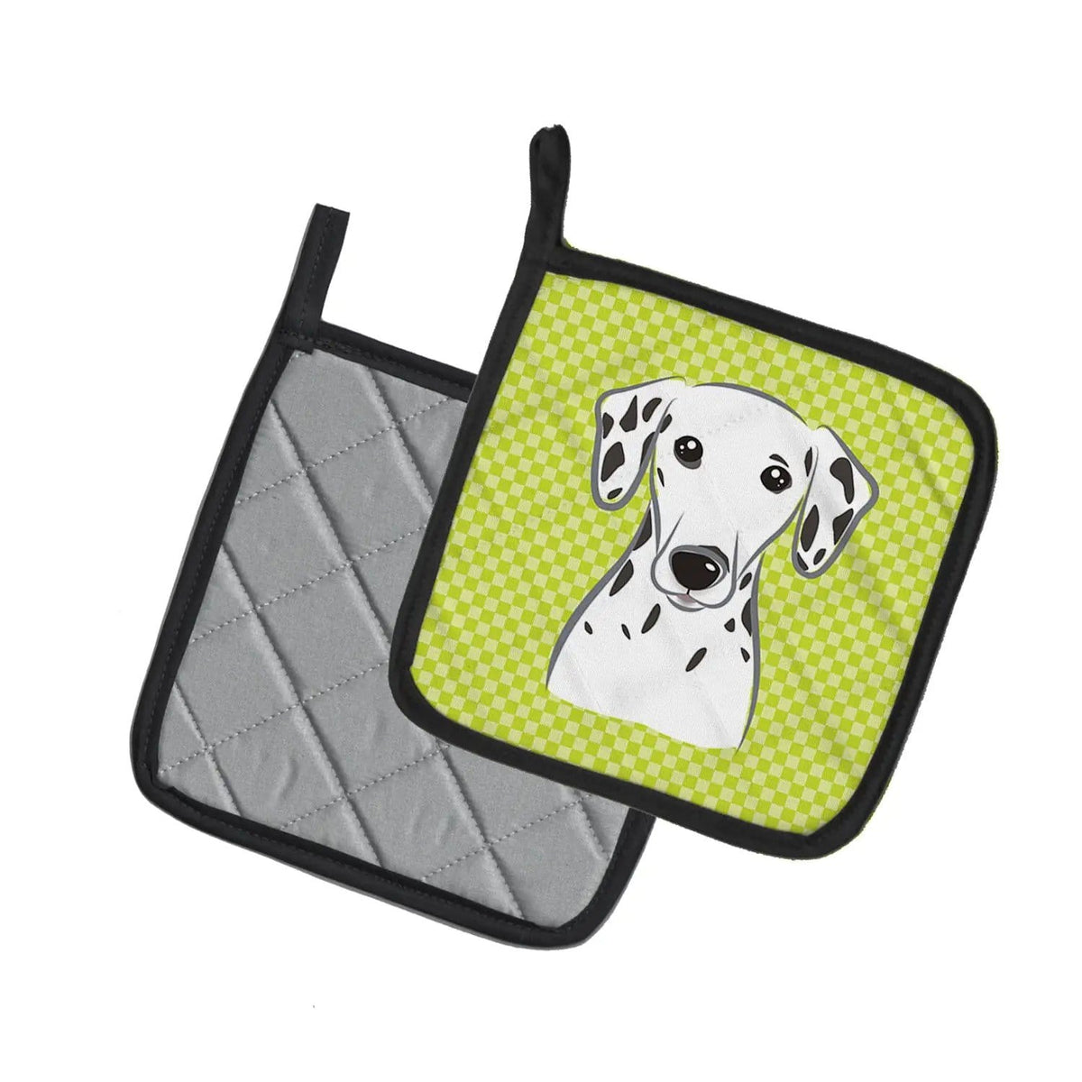 Pot Holder Set of 2 | Heat Resistant Quilted Hot Pads | 7.5 x 7.5 Inch | Checkerboard Lime Green Dalmatian