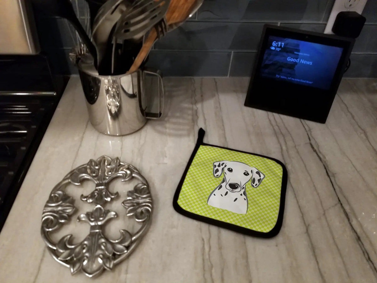 Pot Holder Set of 2 | Heat Resistant Quilted Hot Pads | 7.5 x 7.5 Inch | Checkerboard Lime Green Dalmatian