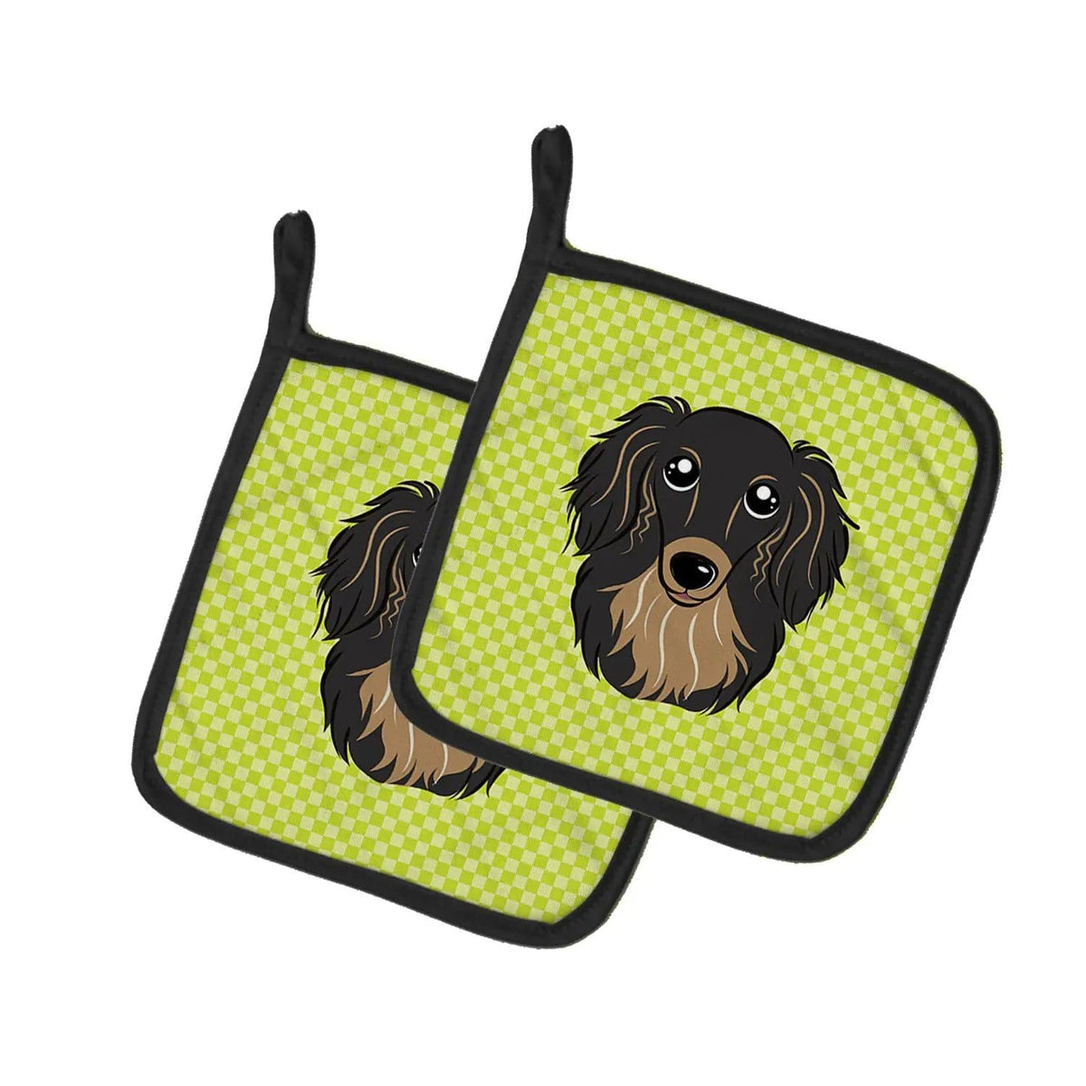 Pot Holder Set of 2 | Heat Resistant Quilted Hot Pads | 7.5 x 7.5 Inch | Checkerboard Lime Green Longhair Black and Tan Dachshund
