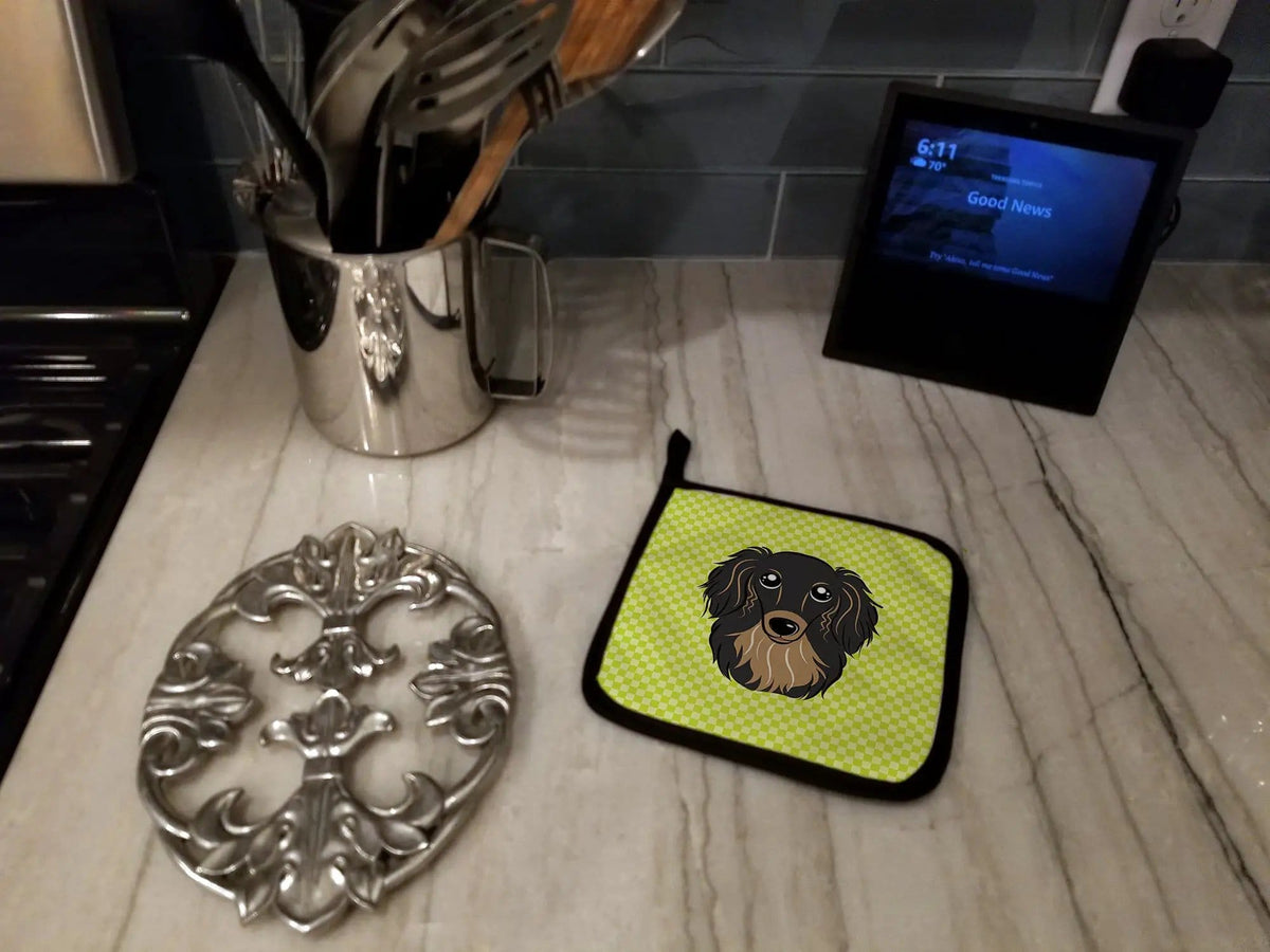 Pot Holder Set of 2 | Heat Resistant Quilted Hot Pads | 7.5 x 7.5 Inch | Checkerboard Lime Green Longhair Black and Tan Dachshund