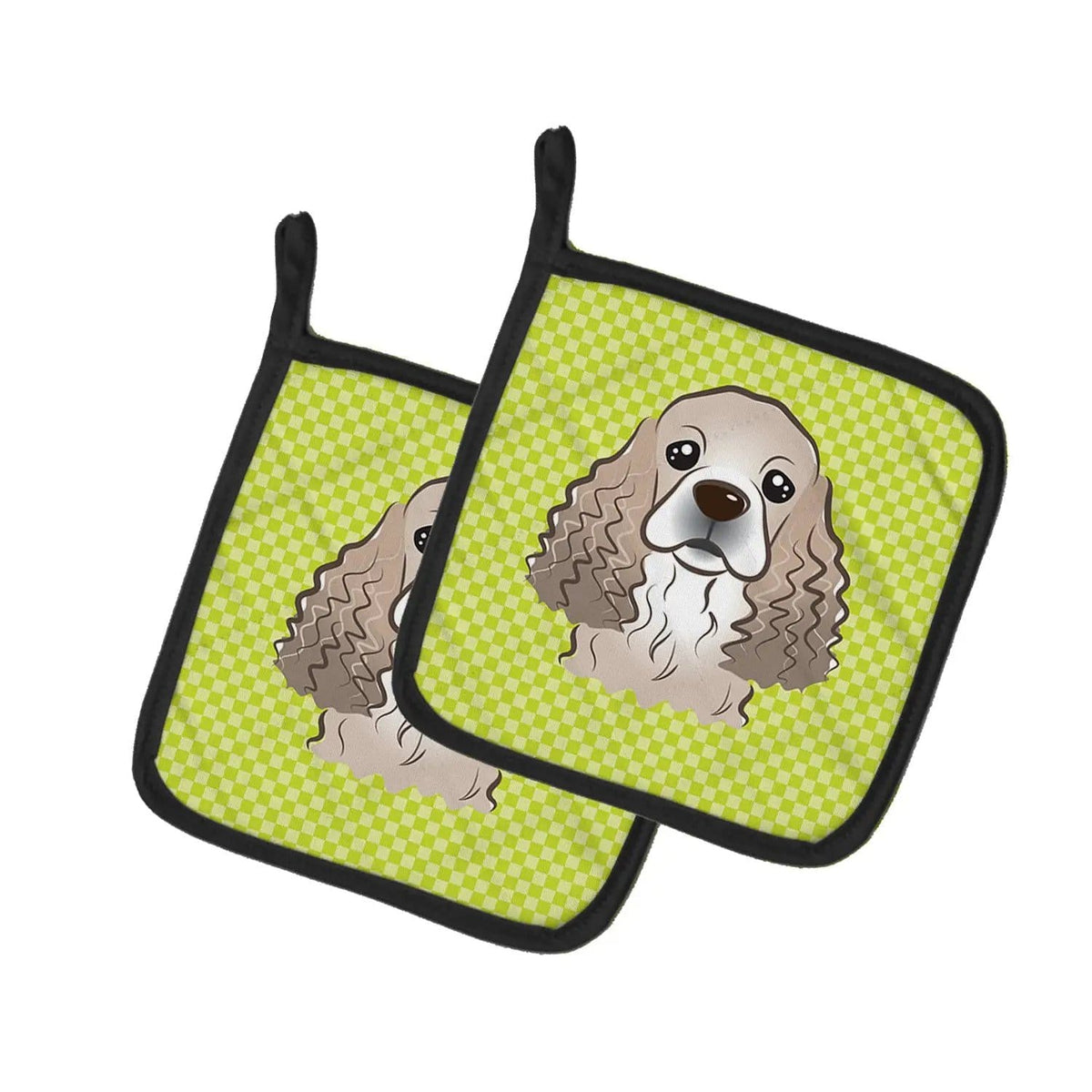 Pot Holder Set of 2 | Heat Resistant Quilted Hot Pads | 7.5 x 7.5 Inch | Checkerboard Lime Green Cocker Spaniel
