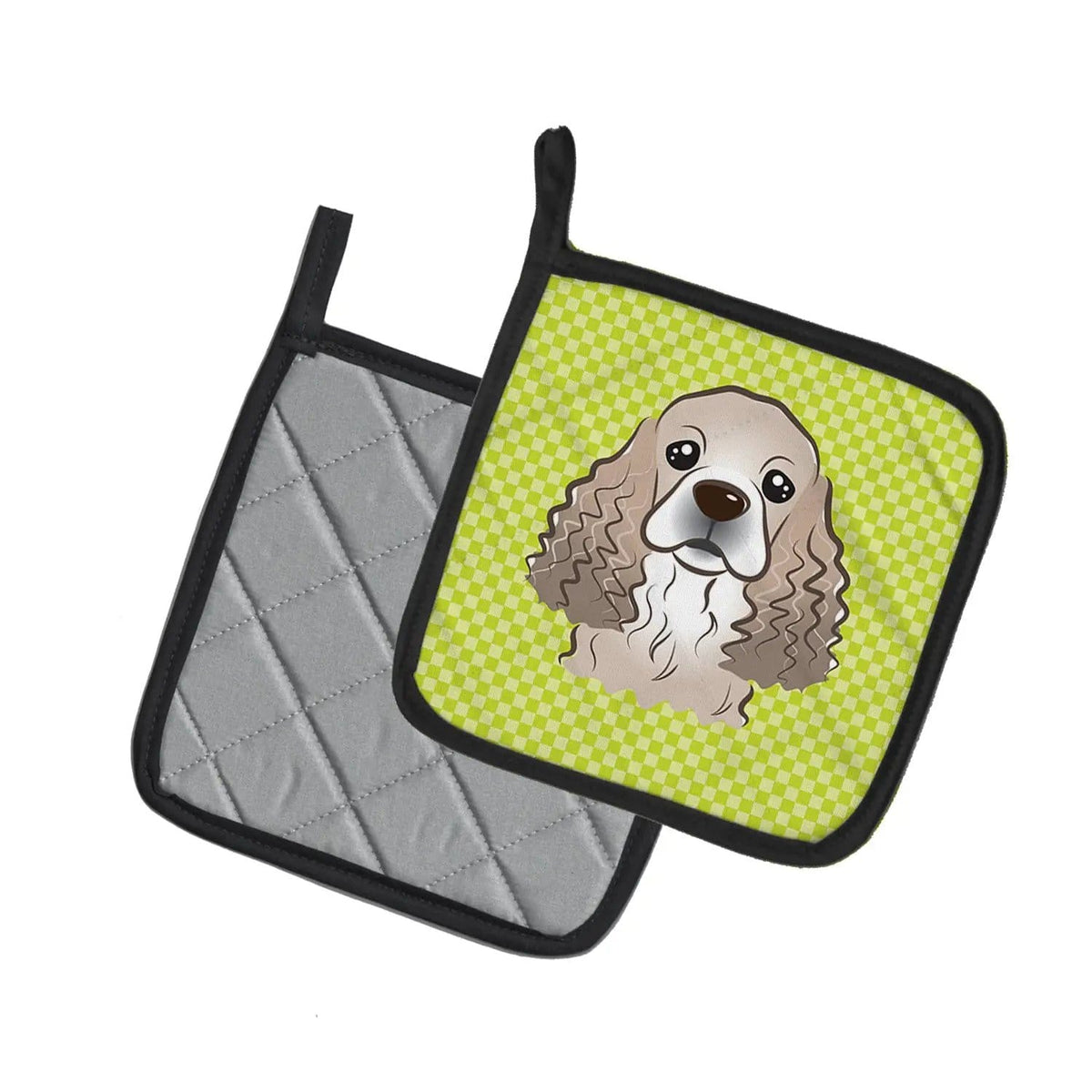 Pot Holder Set of 2 | Heat Resistant Quilted Hot Pads | 7.5 x 7.5 Inch | Checkerboard Lime Green Cocker Spaniel