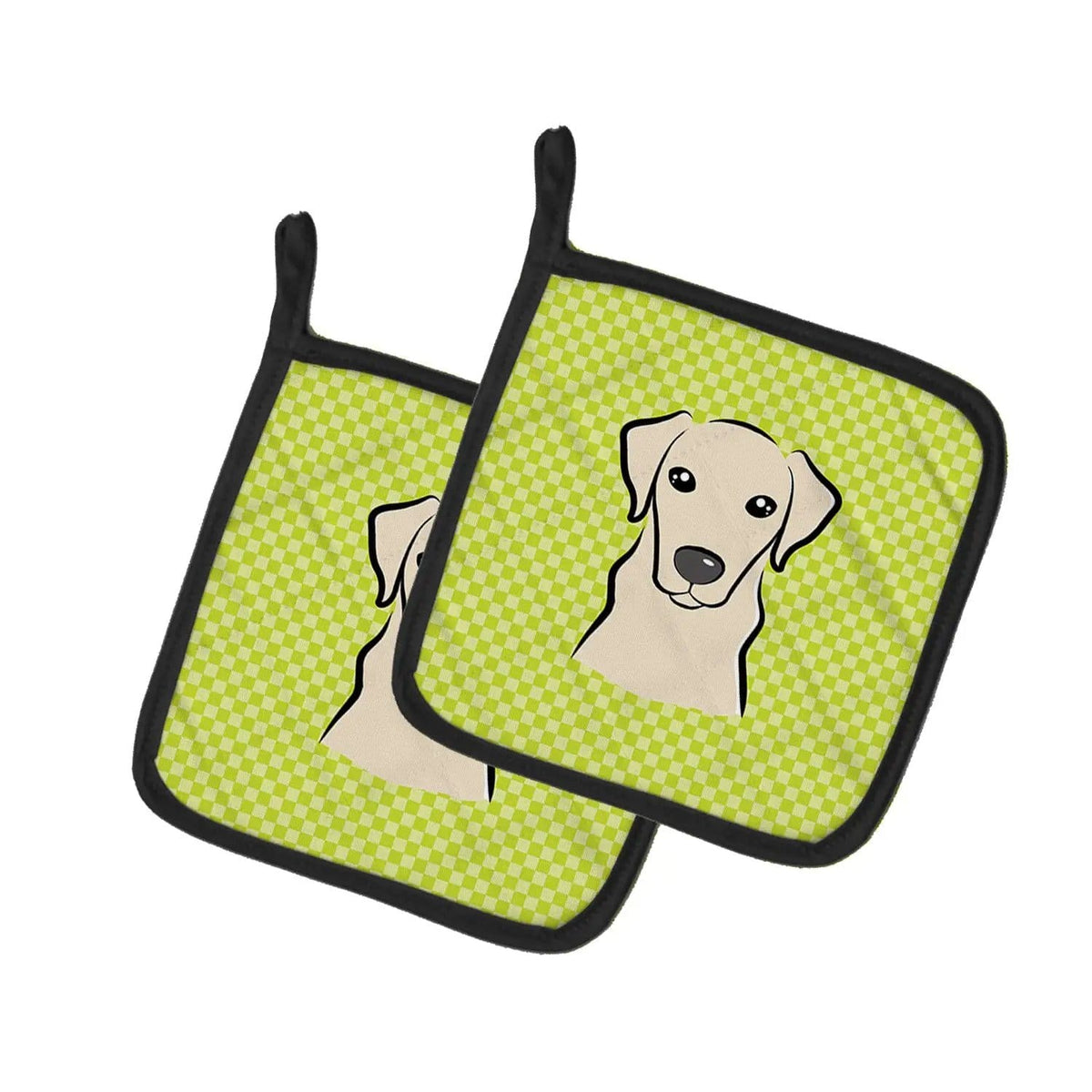 Pot Holder Set of 2 | Heat Resistant Quilted Hot Pads | 7.5 x 7.5 Inch | Checkerboard Lime Green Yellow Labrador
