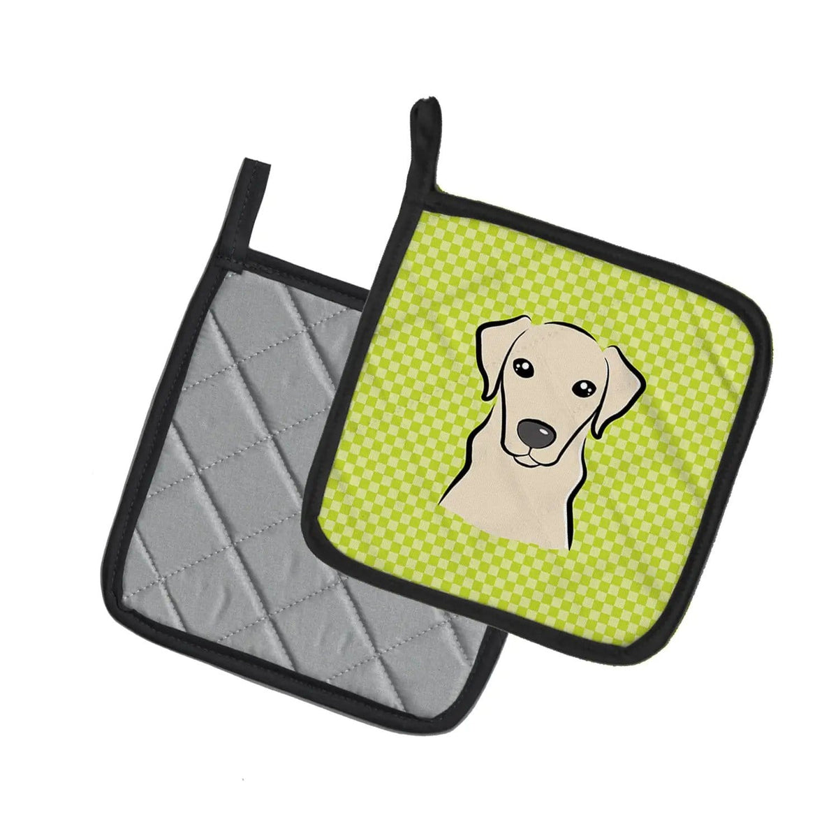 Pot Holder Set of 2 | Heat Resistant Quilted Hot Pads | 7.5 x 7.5 Inch | Checkerboard Lime Green Yellow Labrador