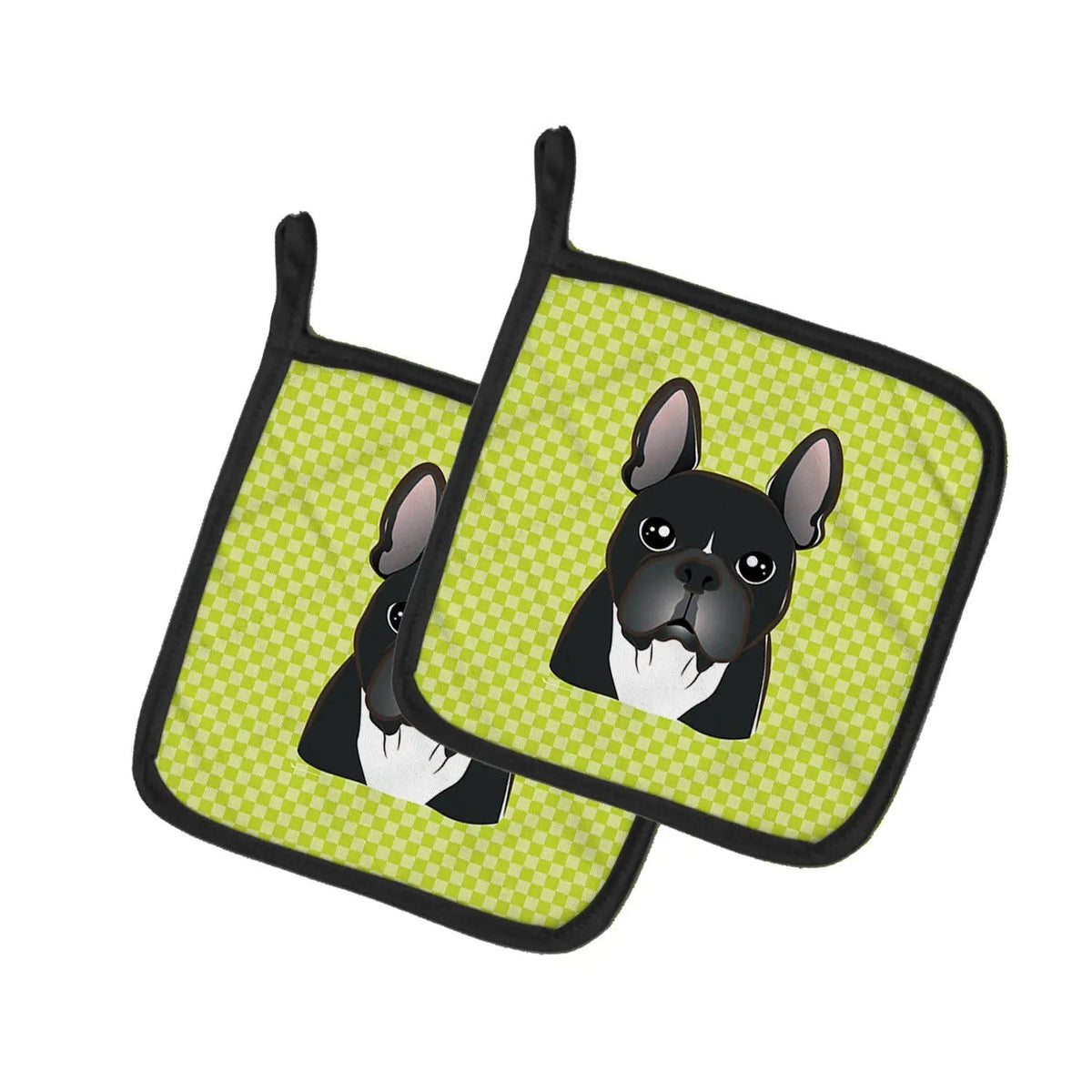Pot Holder Set of 2 | Heat Resistant Quilted Hot Pads | 7.5 x 7.5 Inch | Checkerboard Lime Green French Bulldog (Style 2)