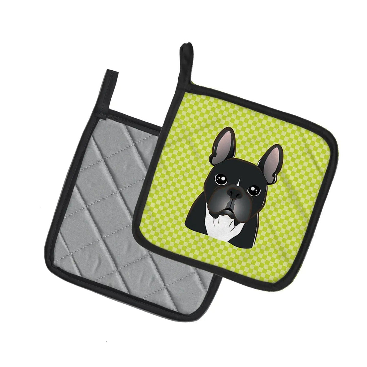 Pot Holder Set of 2 | Heat Resistant Quilted Hot Pads | 7.5 x 7.5 Inch | Checkerboard Lime Green French Bulldog (Style 2)
