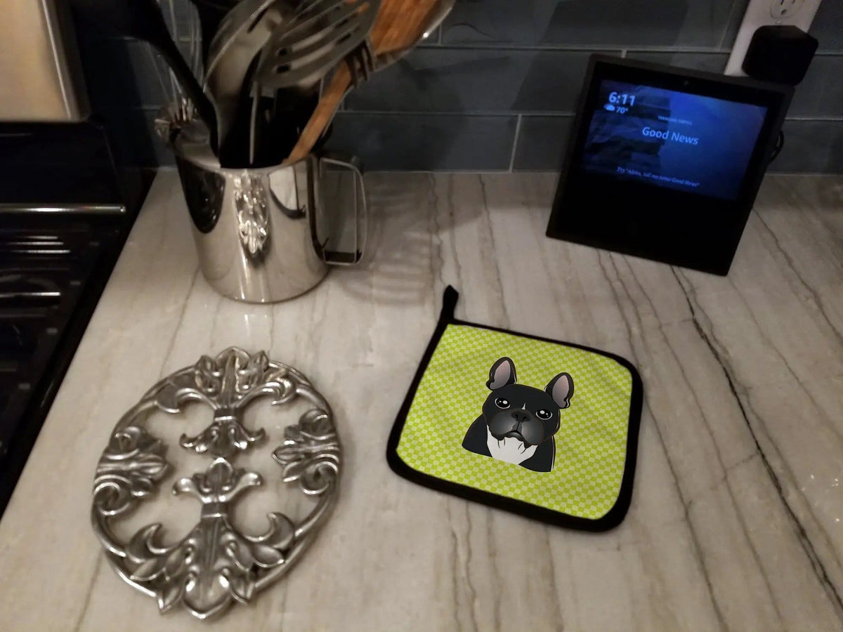 Pot Holder Set of 2 | Heat Resistant Quilted Hot Pads | 7.5 x 7.5 Inch | Checkerboard Lime Green French Bulldog (Style 2)