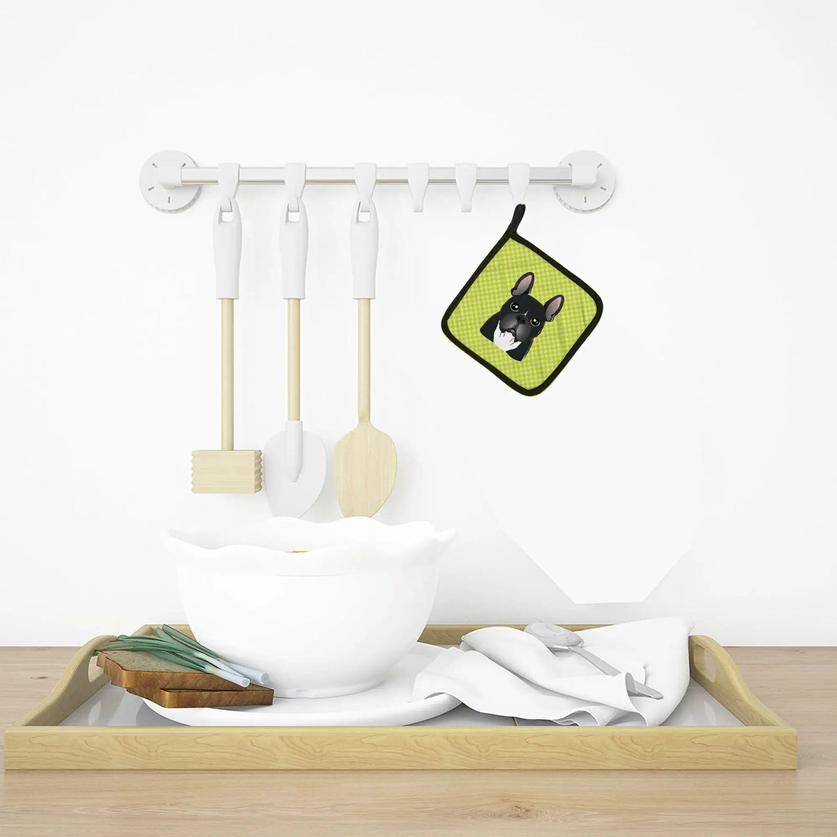 Pot Holder Set of 2 | Heat Resistant Quilted Hot Pads | 7.5 x 7.5 Inch | Checkerboard Lime Green French Bulldog (Style 2)