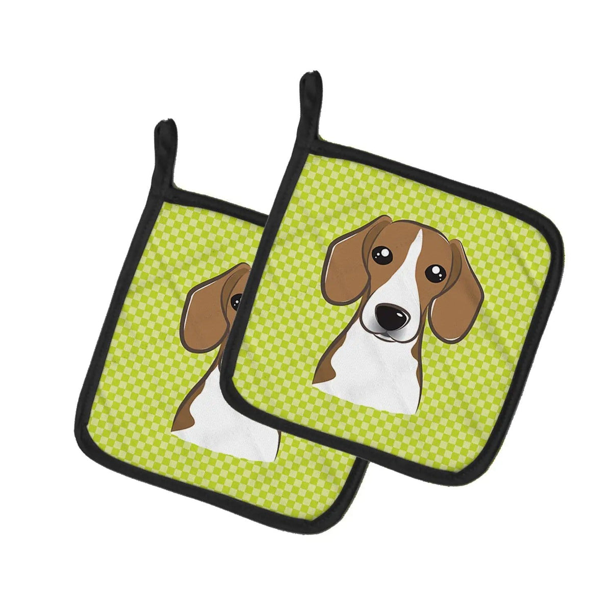 Pot Holder Set of 2 | Heat Resistant Quilted Hot Pads | 7.5 x 7.5 Inch | Checkerboard Lime Green Beagle