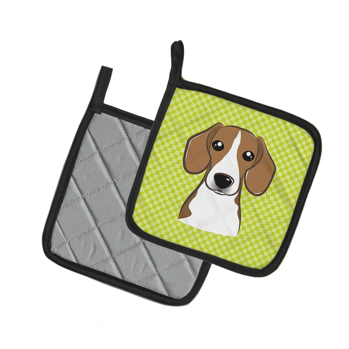 Pot Holder Set of 2 | Heat Resistant Quilted Hot Pads | 7.5 x 7.5 Inch | Checkerboard Lime Green Beagle