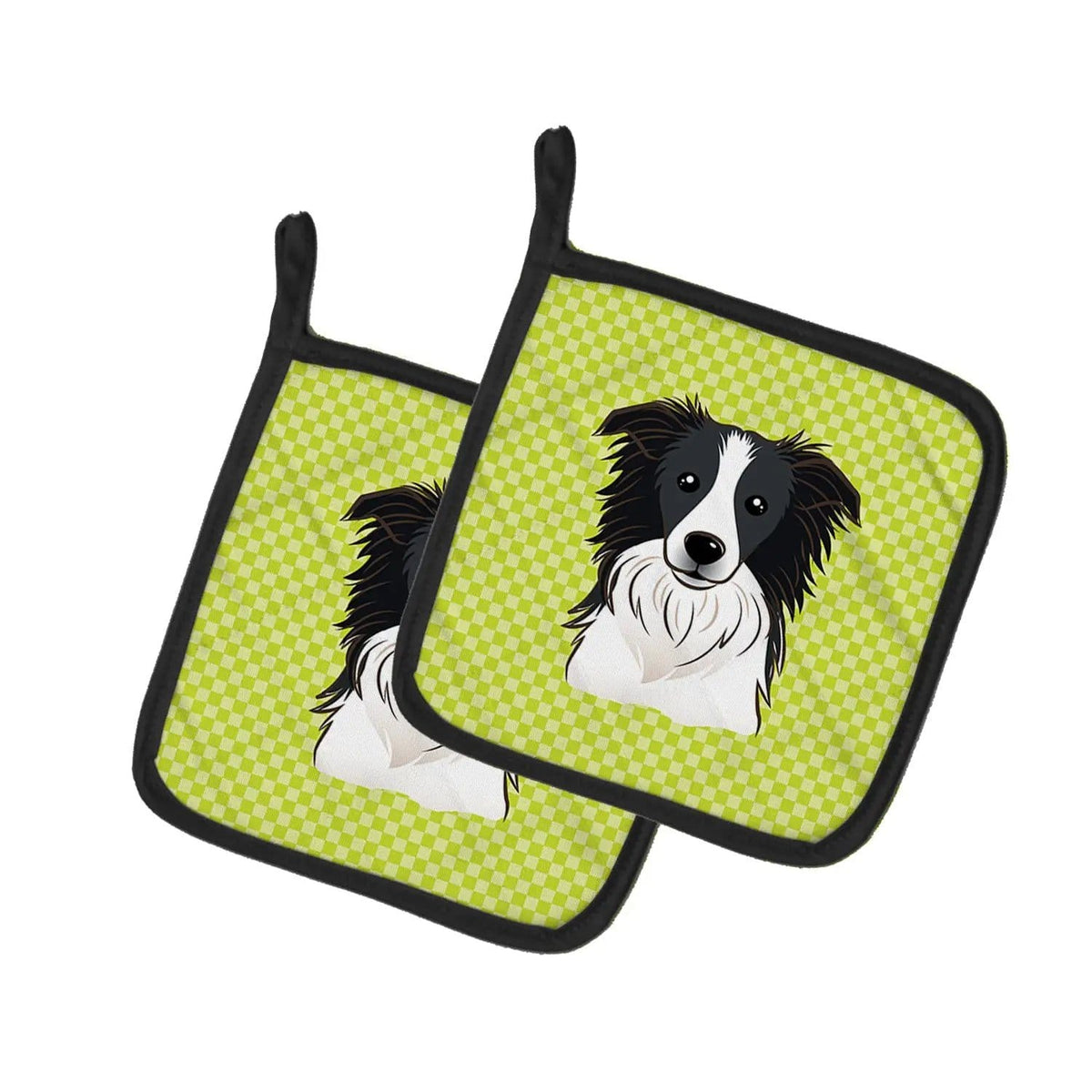 Pot Holder Set of 2 | Heat Resistant Quilted Hot Pads | 7.5 x 7.5 Inch | Checkerboard Lime Green Border Collie