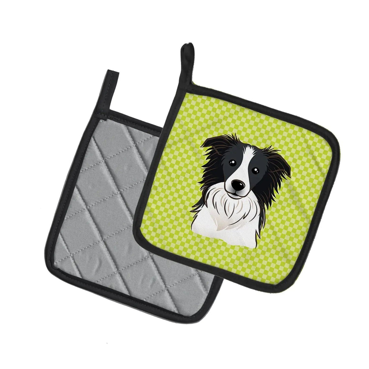 Pot Holder Set of 2 | Heat Resistant Quilted Hot Pads | 7.5 x 7.5 Inch | Checkerboard Lime Green Border Collie