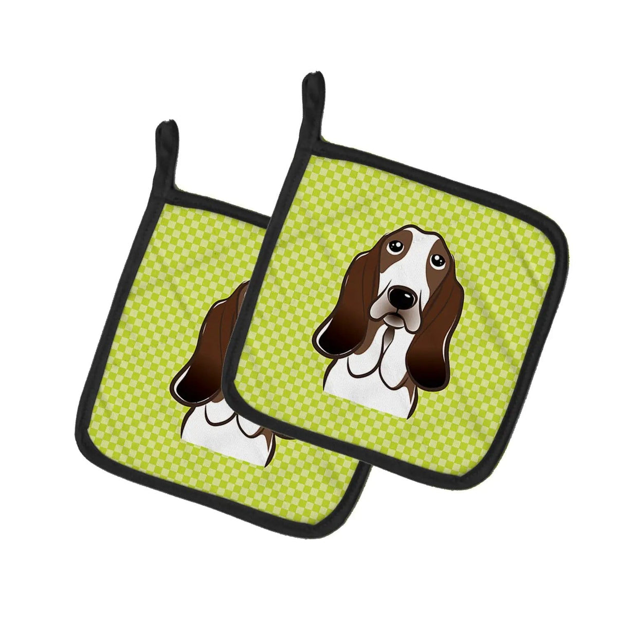 Pot Holder Set of 2 | Heat Resistant Quilted Hot Pads | 7.5 x 7.5 Inch | Checkerboard Lime Green Basset Hound