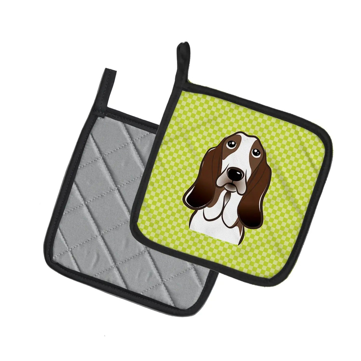 Pot Holder Set of 2 | Heat Resistant Quilted Hot Pads | 7.5 x 7.5 Inch | Checkerboard Lime Green Basset Hound