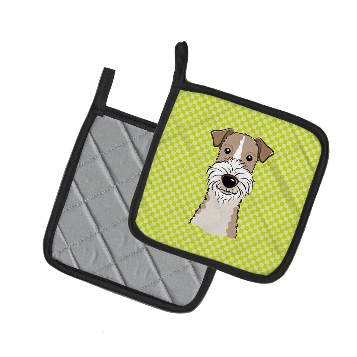 Pot Holder Set of 2 | Heat Resistant Quilted Hot Pads | 7.5 x 7.5 Inch | Checkerboard Lime Green Wire Haired Fox Terrier