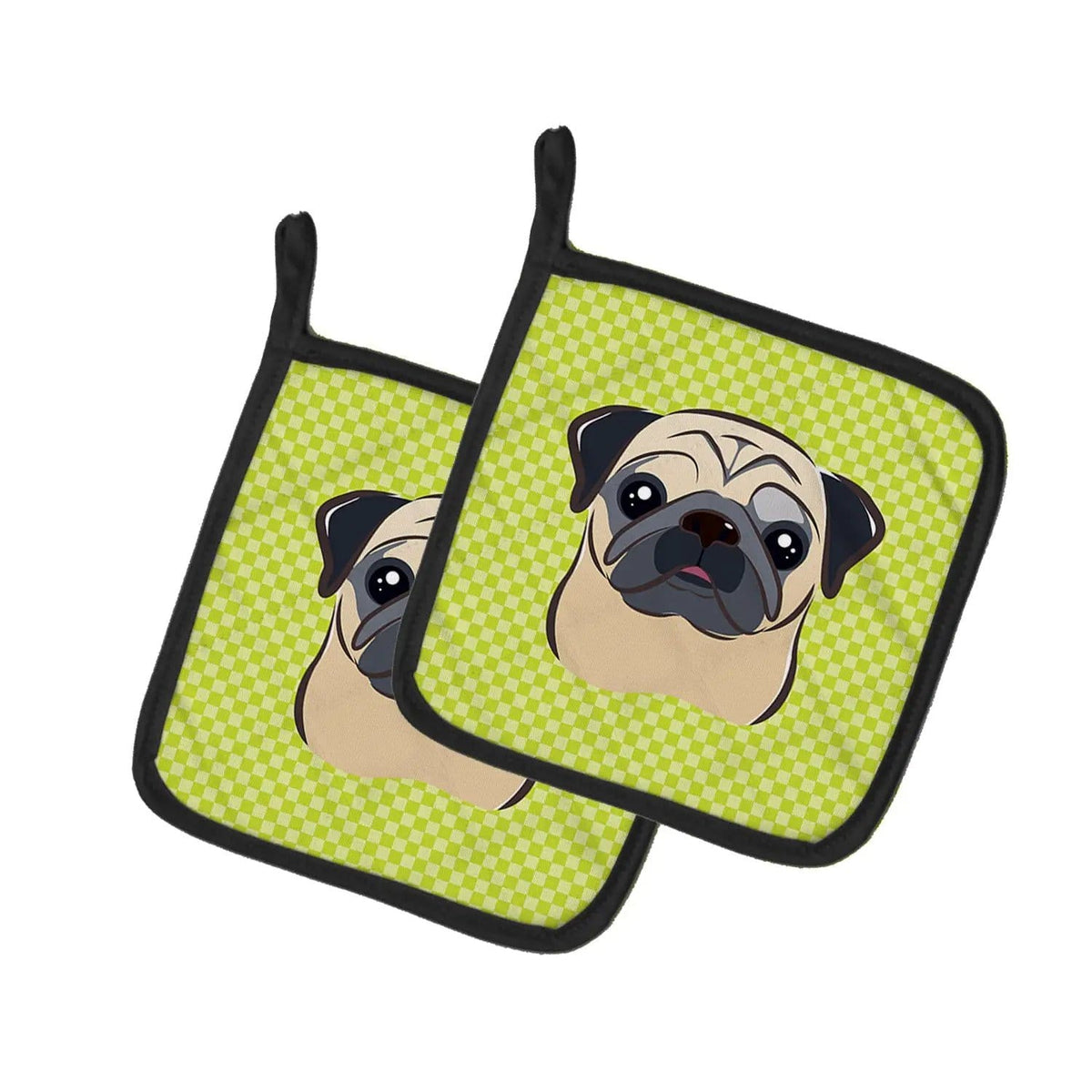 Pot Holder Set of 2 | Heat Resistant Quilted Hot Pads | 7.5 x 7.5 Inch | Checkerboard Lime Green Fawn Pug