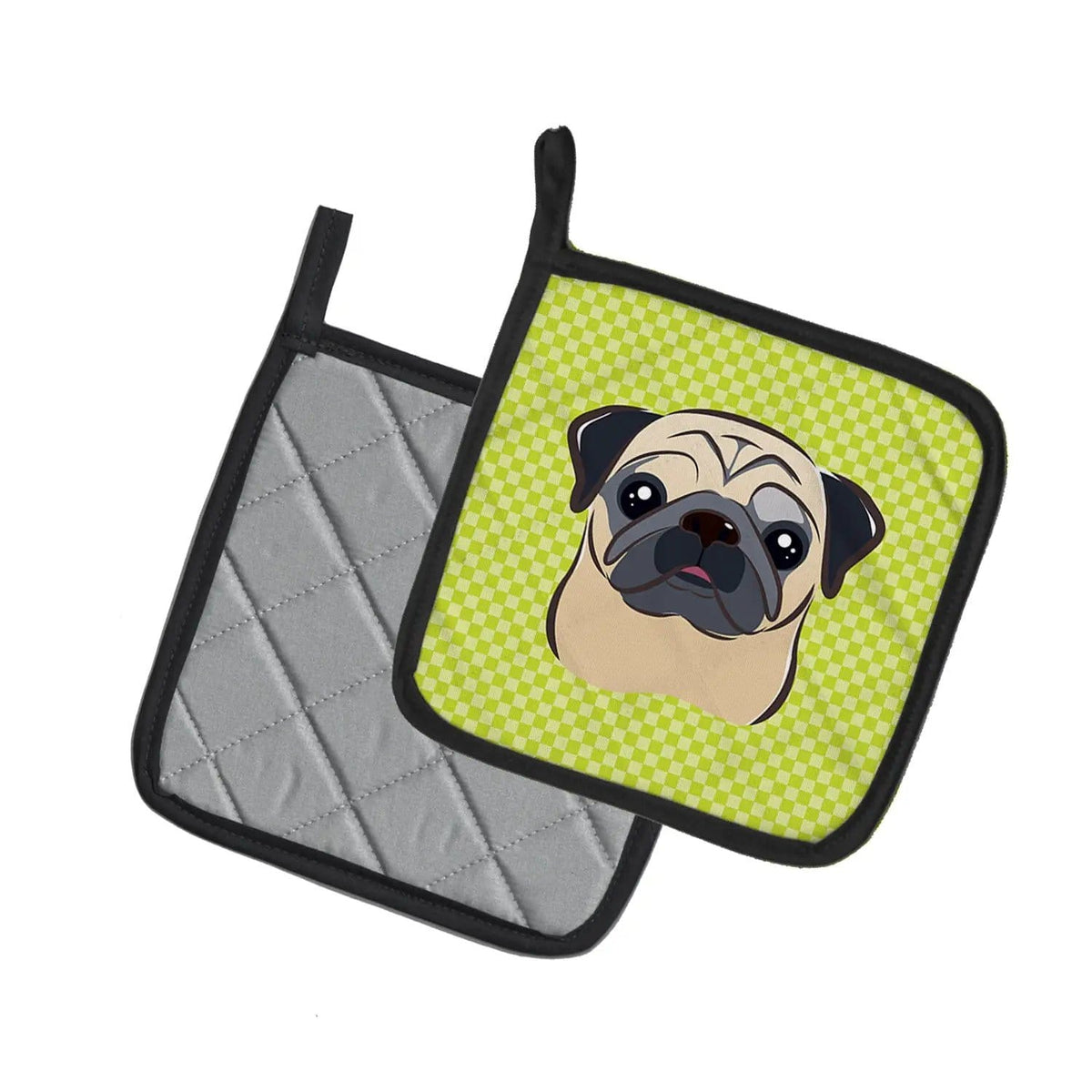 Pot Holder Set of 2 | Heat Resistant Quilted Hot Pads | 7.5 x 7.5 Inch | Checkerboard Lime Green Fawn Pug