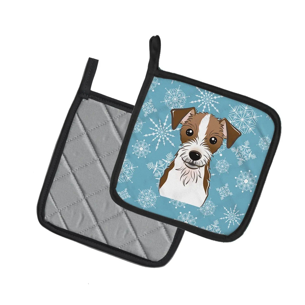 Pot Holder Set of 2 | Heat Resistant Quilted Hot Pads | 7.5 x 7.5 Inch | Snowflake Jack Russell Terrier (Style 3)