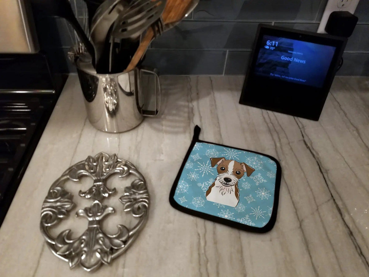 Pot Holder Set of 2 | Heat Resistant Quilted Hot Pads | 7.5 x 7.5 Inch | Snowflake Jack Russell Terrier (Style 3)
