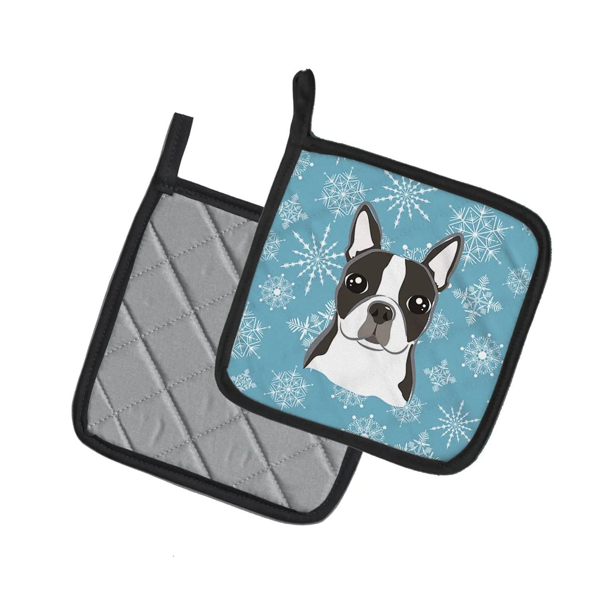 Pot Holder Set of 2 | Heat Resistant Quilted Hot Pads | 7.5 x 7.5 Inch | Snowflake Boston Terrier