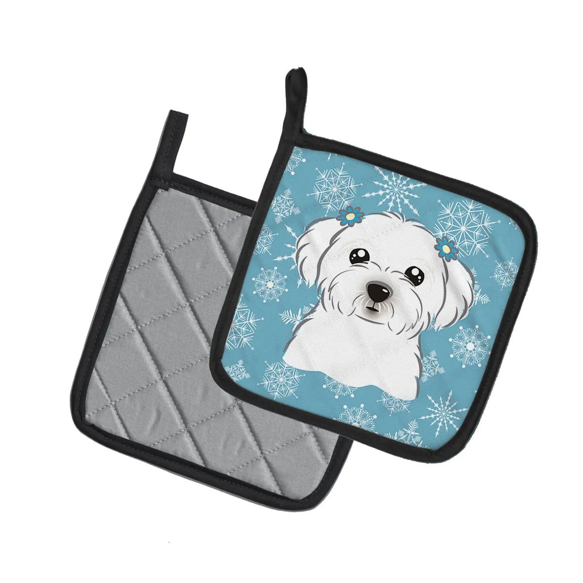 Pot Holder Set of 2 | Heat Resistant Quilted Hot Pads | 7.5 x 7.5 Inch | Snowflake Maltese