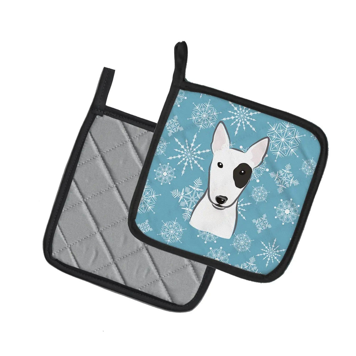 Pot Holder Set of 2 | Heat Resistant Quilted Hot Pads | 7.5 x 7.5 Inch | Snowflake Bull Terrier