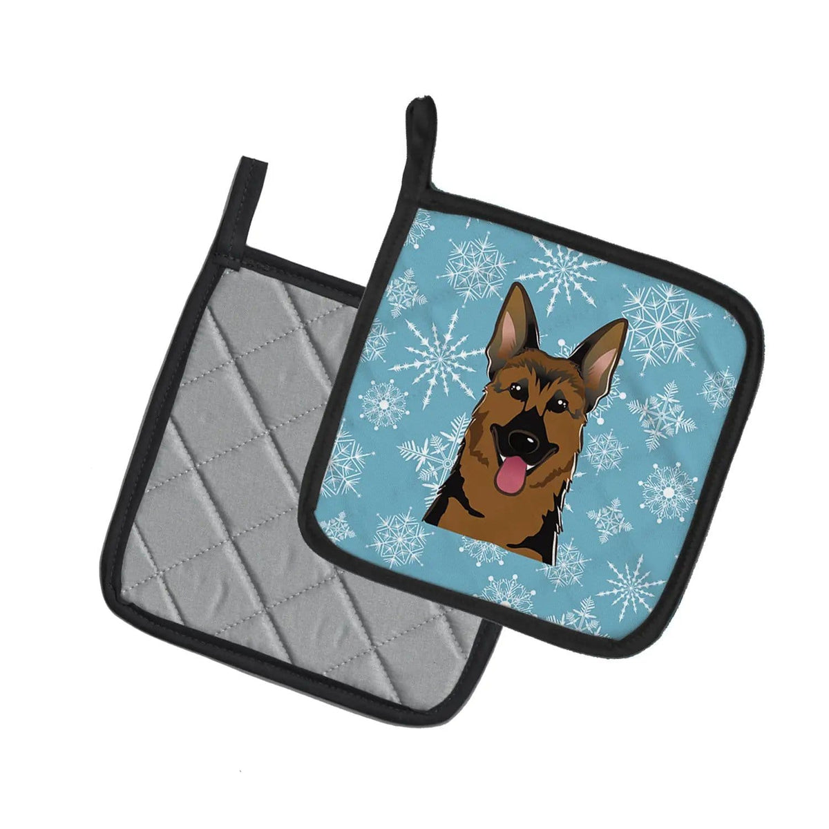 Pot Holder Set of 2 | Heat Resistant Quilted Hot Pads | 7.5 x 7.5 Inch | Snowflake German Shepherd