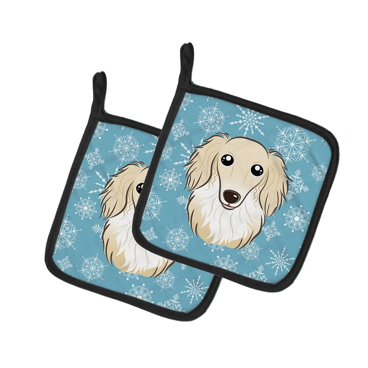 Pot Holder Set of 2 | Heat Resistant Quilted Hot Pads | 7.5 x 7.5 Inch | Snowflake Longhair Creme Dachshund