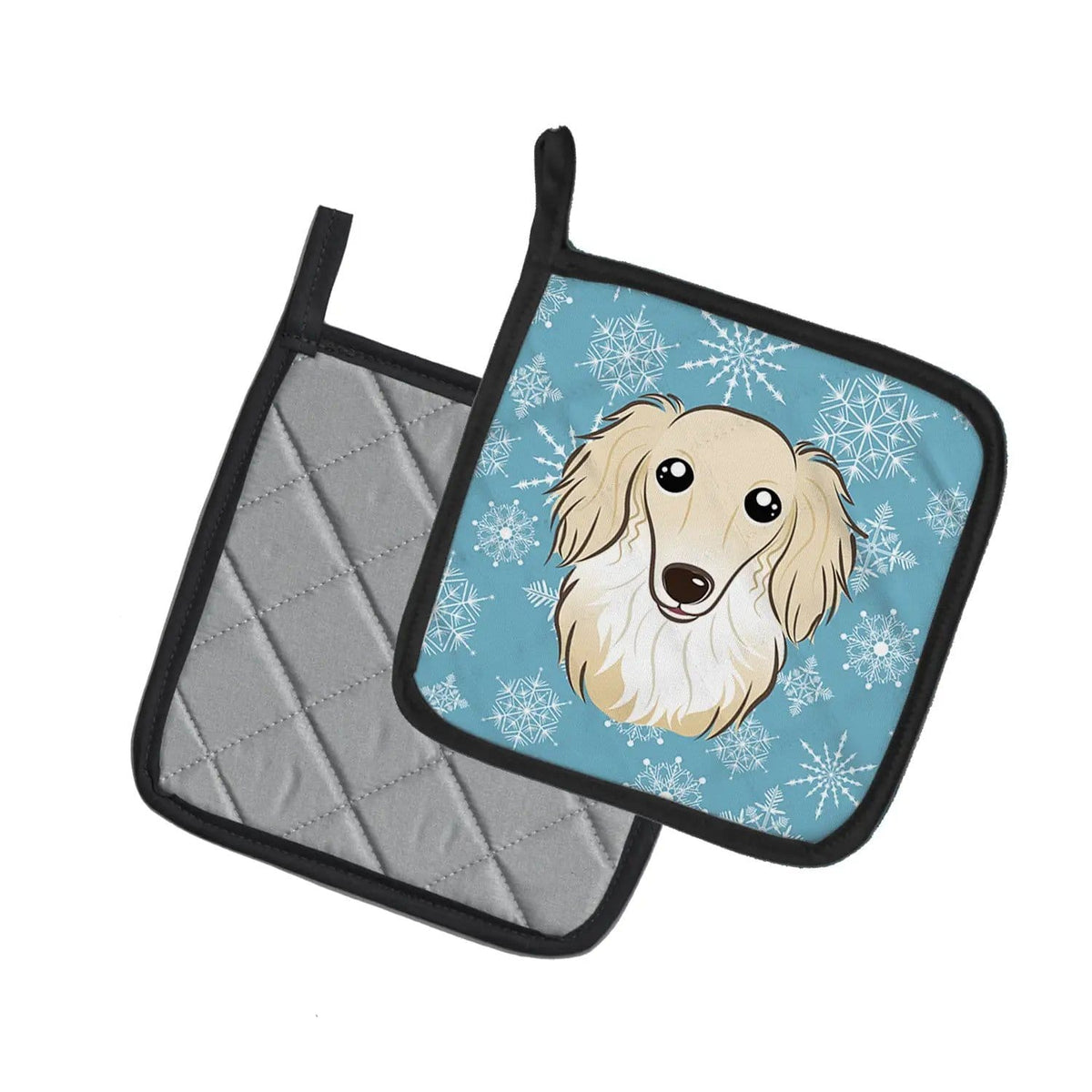 Pot Holder Set of 2 | Heat Resistant Quilted Hot Pads | 7.5 x 7.5 Inch | Snowflake Longhair Creme Dachshund