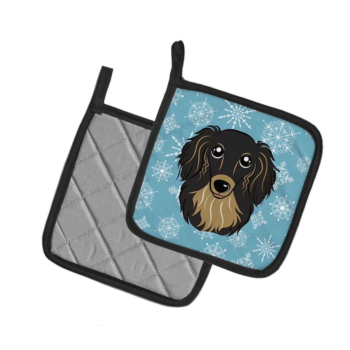 Pot Holder Set of 2 | Heat Resistant Quilted Hot Pads | 7.5 x 7.5 Inch | Snowflake Longhair Black and Tan Dachshund