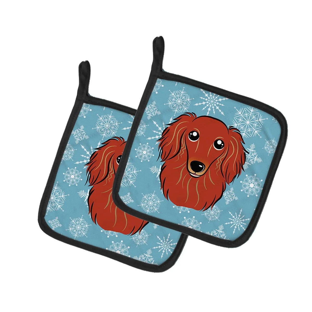 Pot Holder Set of 2 | Heat Resistant Quilted Hot Pads | 7.5 x 7.5 Inch | Snowflake Longhair Red Dachshund